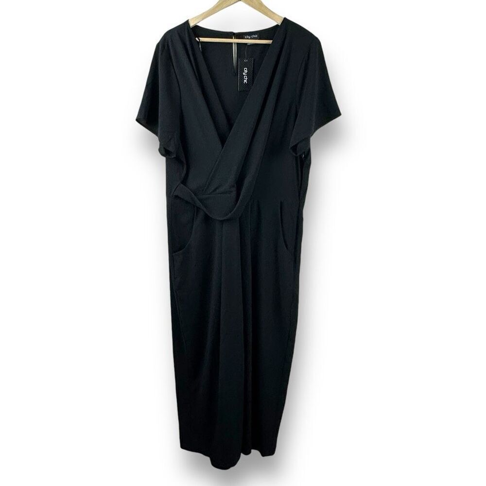 City Chic Women'sβ20β Asplice Faux Wrap Jumpsuit Solid Black Wide Leg Crop New